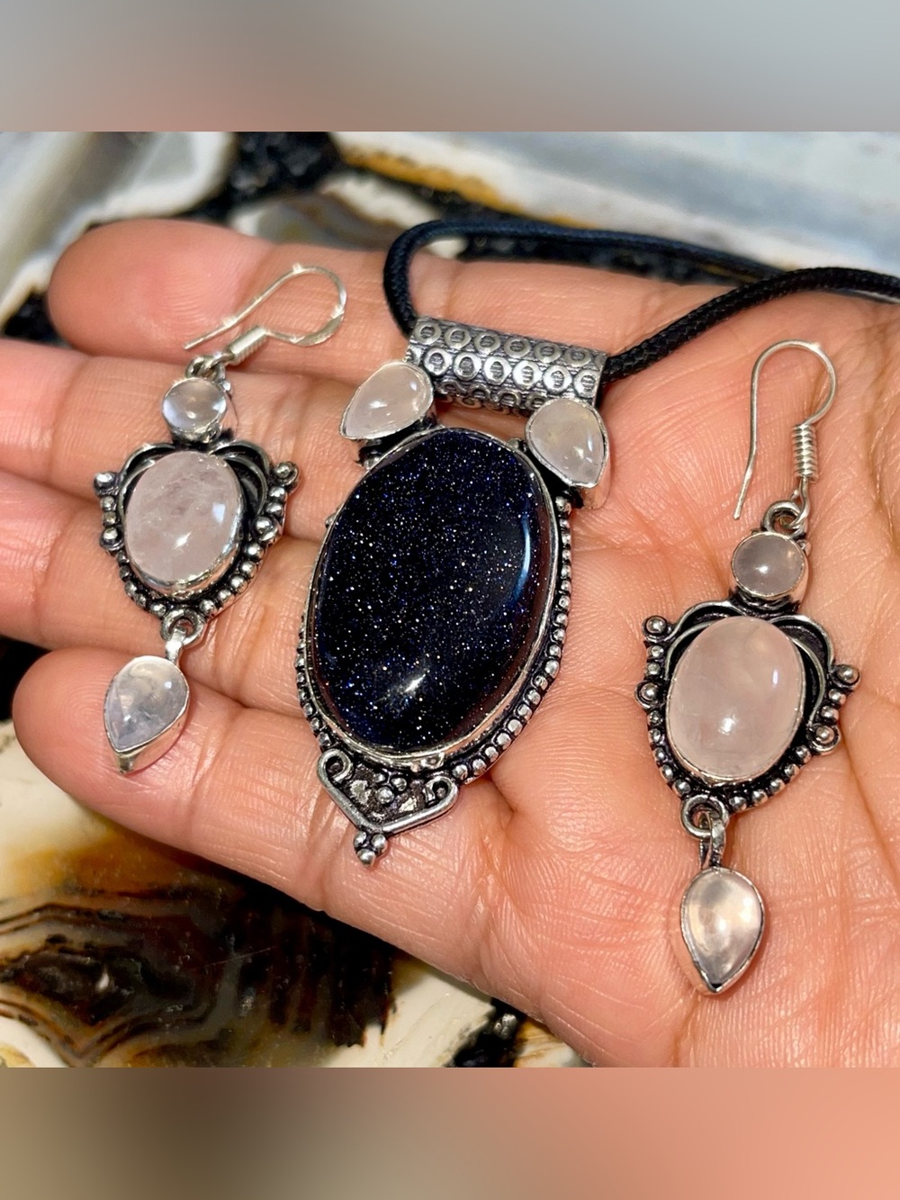 Rose Quartz & Bluestone Goldstone Pendant & Earrings